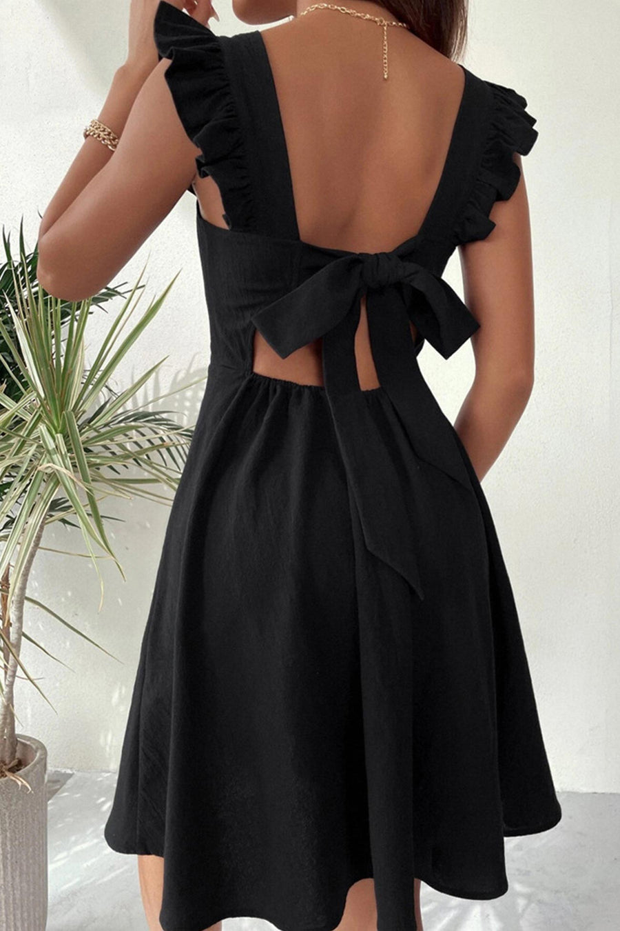 Smellmail™-Ruffle Sleeveless Tie-back Mini Dress