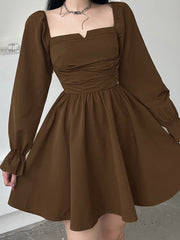 Brown Square Neck Long-Sleeve Pleated Dress