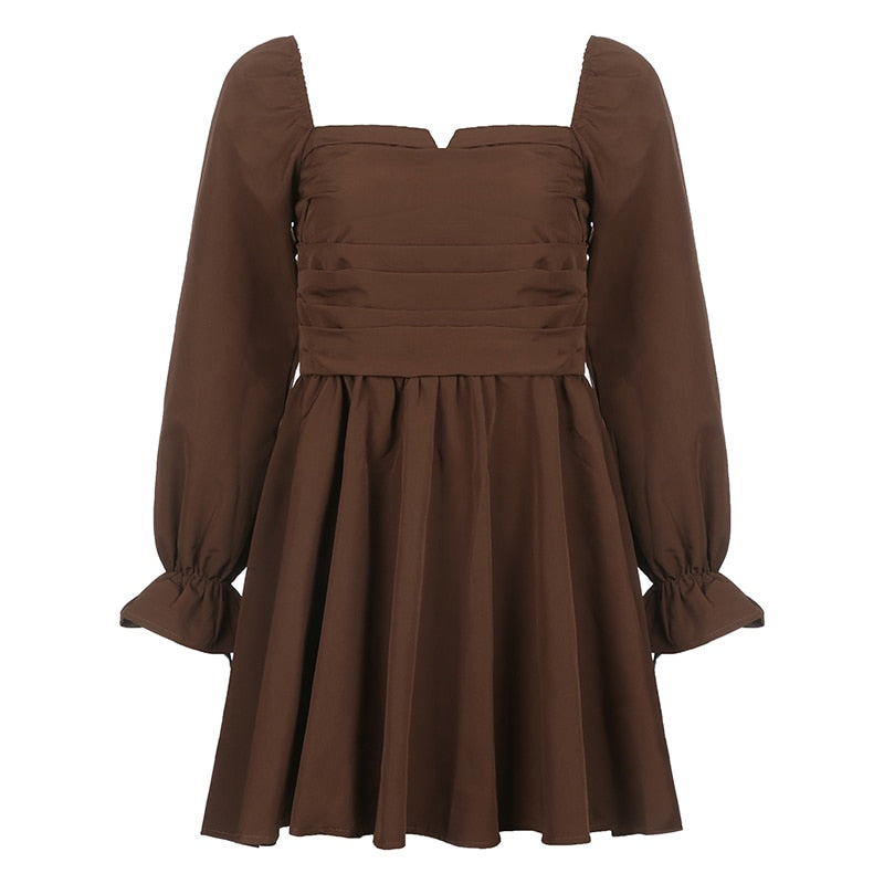 Brown Square Neck Long-Sleeve Pleated Dress