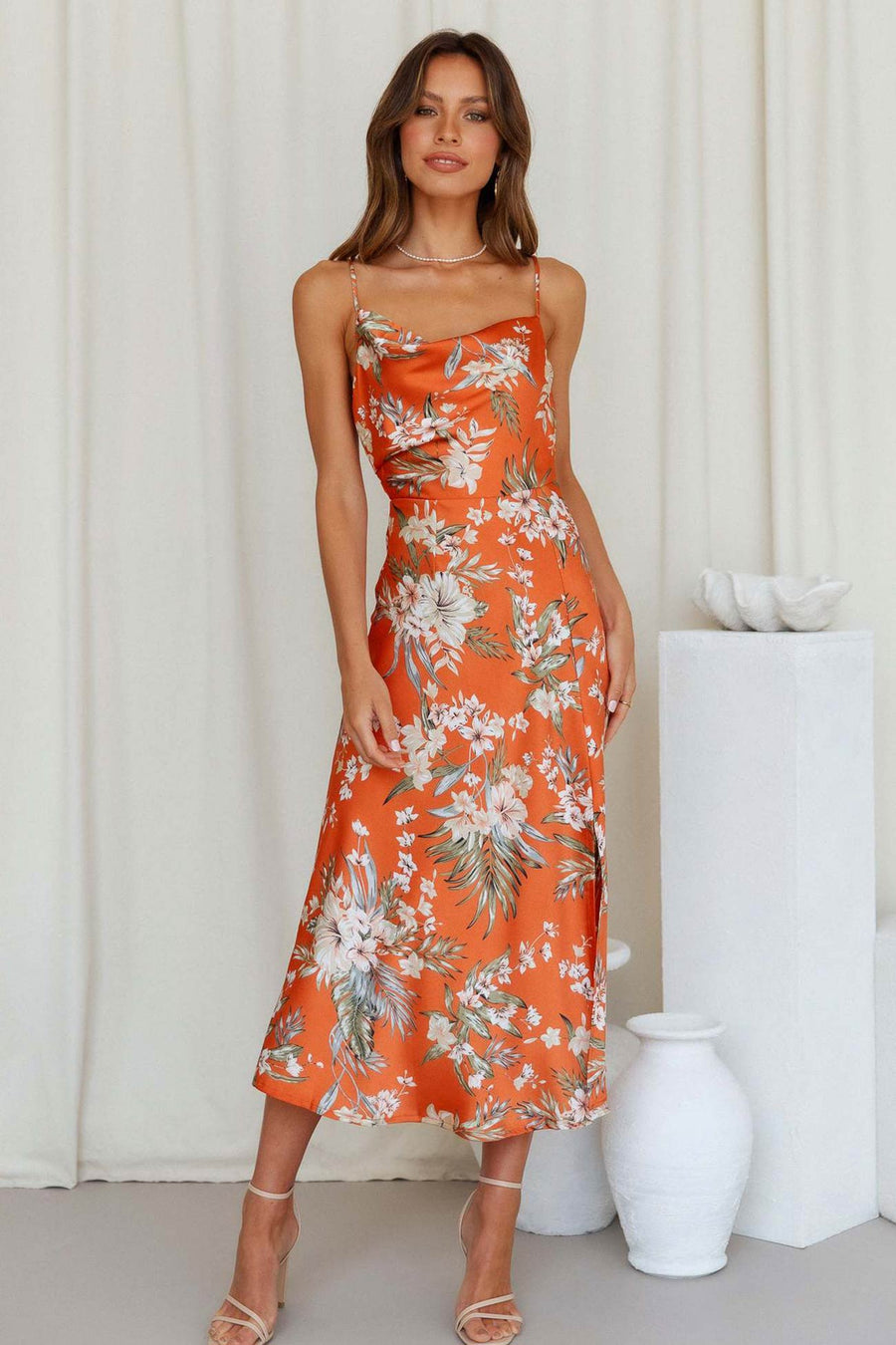 Smellmail™-Satin Cowl Neck Floral Print Slit Cami Dress