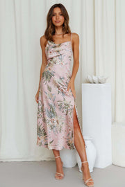 Smellmail™-Satin Cowl Neck Floral Print Slit Cami Dress