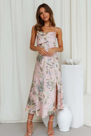 Smellmail™-Satin Cowl Neck Floral Print Slit Cami Dress