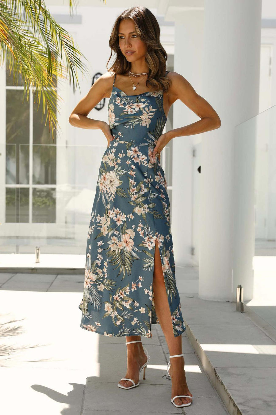 Smellmail™-Satin Cowl Neck Floral Print Slit Cami Dress