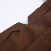 Brown Square Neck Long-Sleeve Pleated Dress