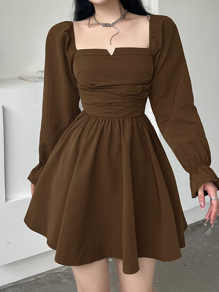 Brown Square Neck Long-Sleeve Pleated Dress