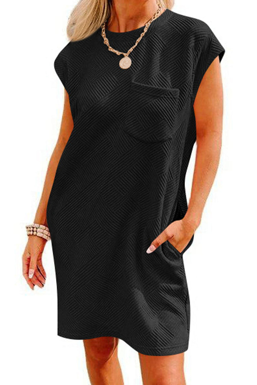 Smellmail™-Textured Cap Sleeve Mini Dress