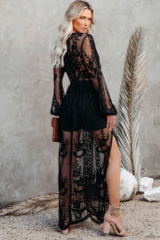 Smellmail™-V Neck Lace Patchwork Split Maxi Dress