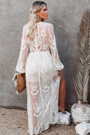 Smellmail™-V Neck Lace Patchwork Split Maxi Dress