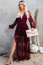 Smellmail™-V Neck Lace Patchwork Split Maxi Dress