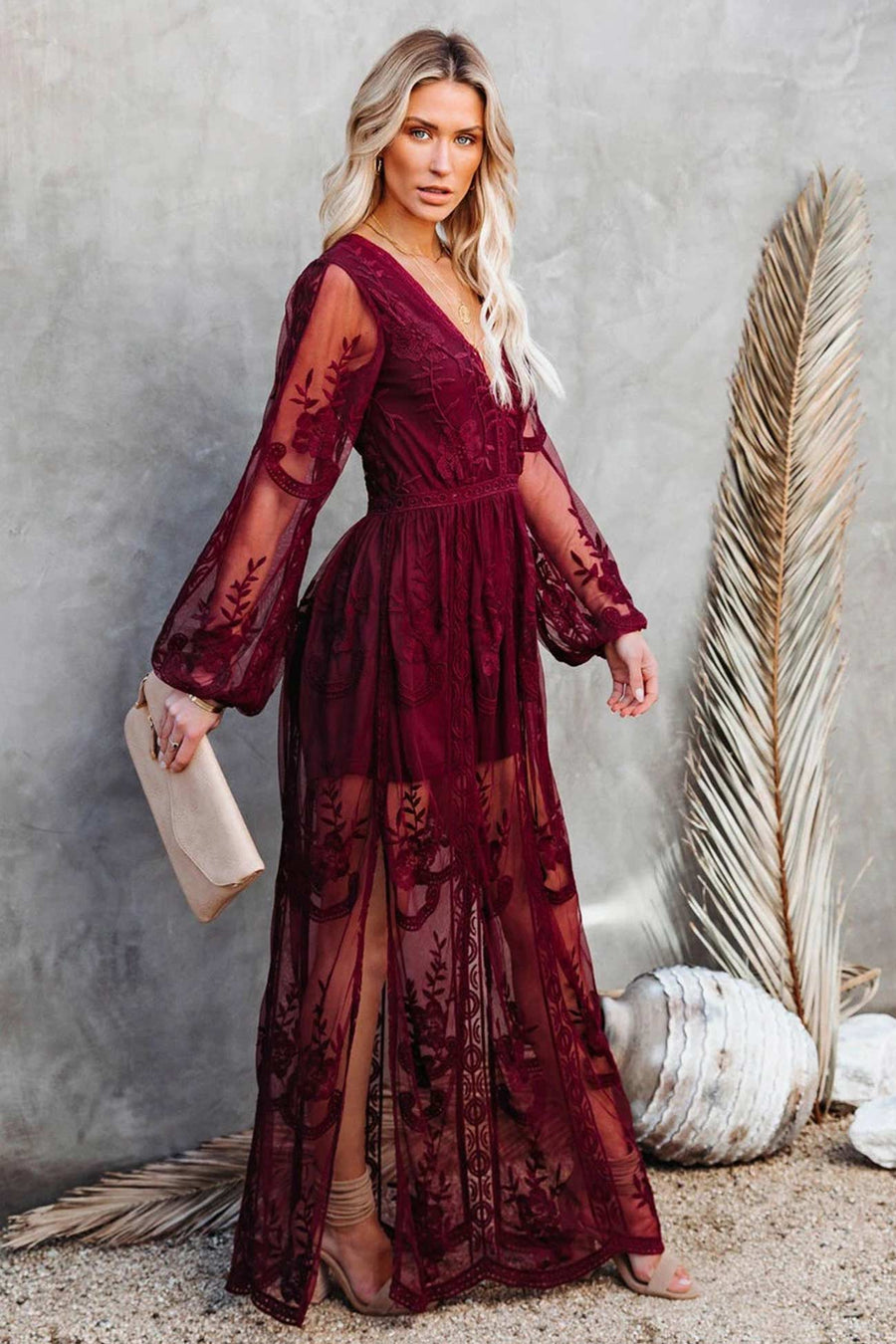 Smellmail™-V Neck Lace Patchwork Split Maxi Dress