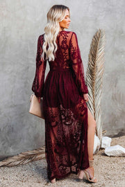 Smellmail™-V Neck Lace Patchwork Split Maxi Dress