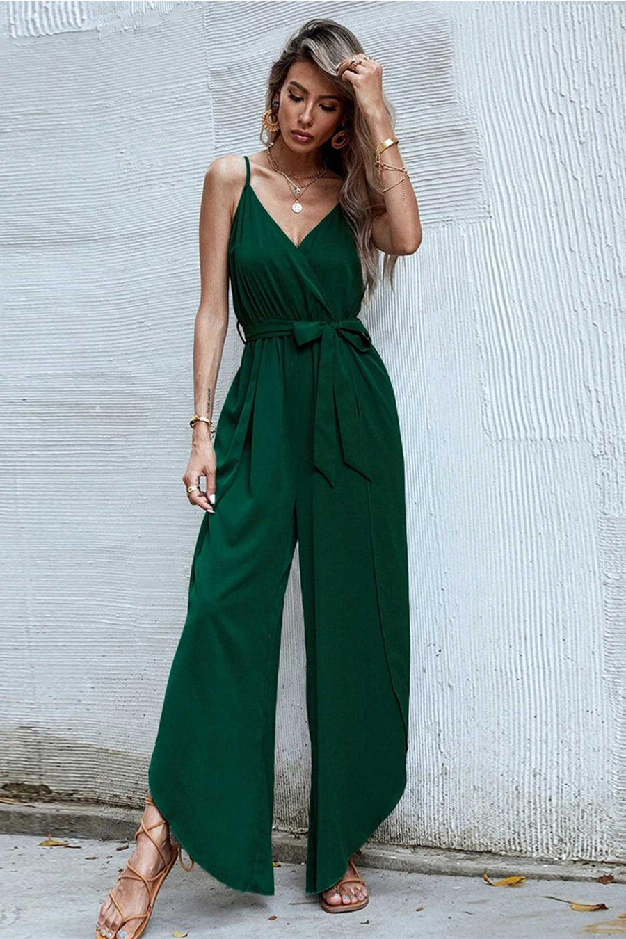 Smellmail™-V Neck Waisted Slit Jumpsuits