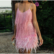 Smellmail™-Women's Feather Fringe Sequin Spaghetti Strap Dress