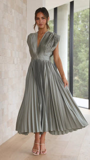 Smellmail™-Timeless Elegance: Draped V-Neck Pleated Skirt Dress