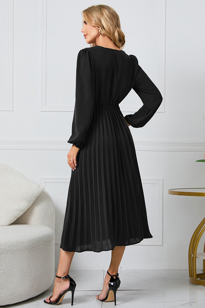 Smellmail™-Slim fit pleated belted V-neck dress