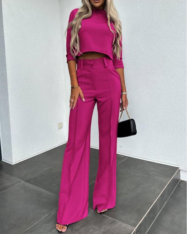 Smellmail™-Solid Color Jacket & High Waist Straight Pants Set