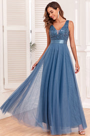 loveedsTM-Spliced Elastic Waist Sleeveless V Neck Evening Dress Tulle Embroidery Long Party Dress