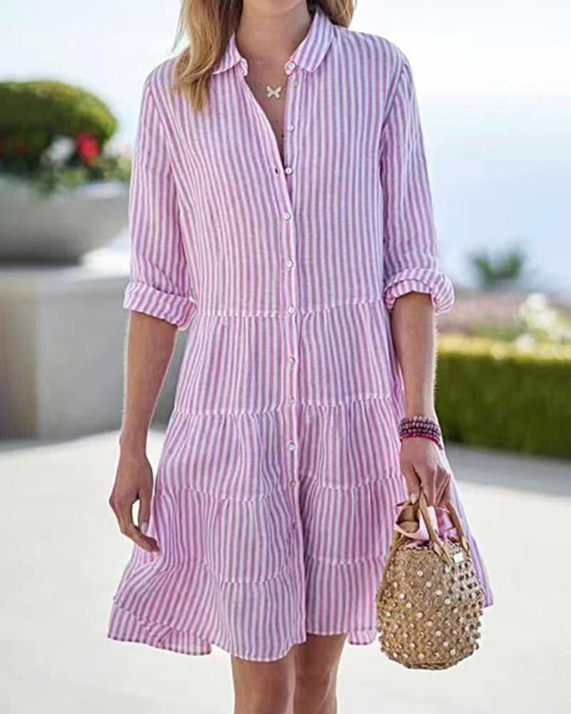 Smellmail™-Long Sleeve Lapel Stripe Layered Panel Hem Shirt Dress