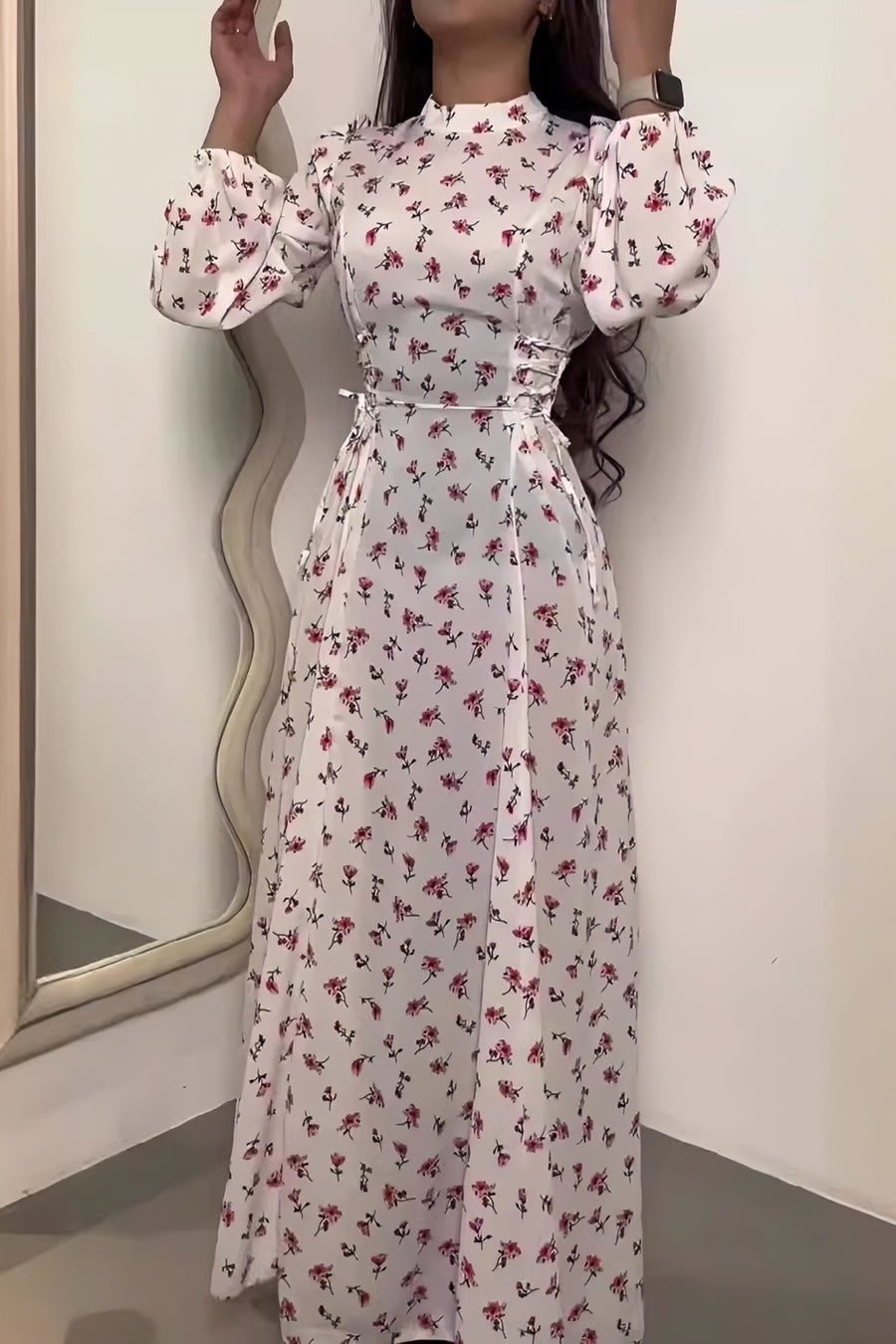 loveedsTM-Round Neck Fashion Print High Waist Long Sleeve Dress