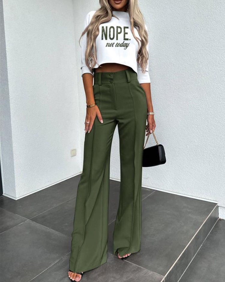 Smellmail™-Solid Color Jacket & High Waist Straight Pants Set