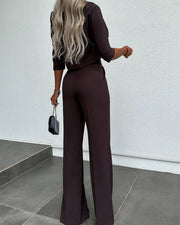 Smellmail™-Solid Color Jacket & High Waist Straight Pants Set