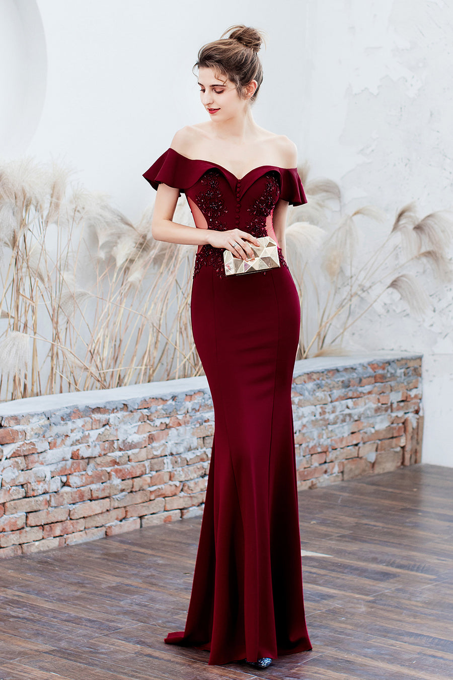 loveedsTM-Long solid color off-the-shoulder evening dress