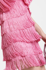 loveedsTM-Low-cut V-neck suspender tassel pink dress