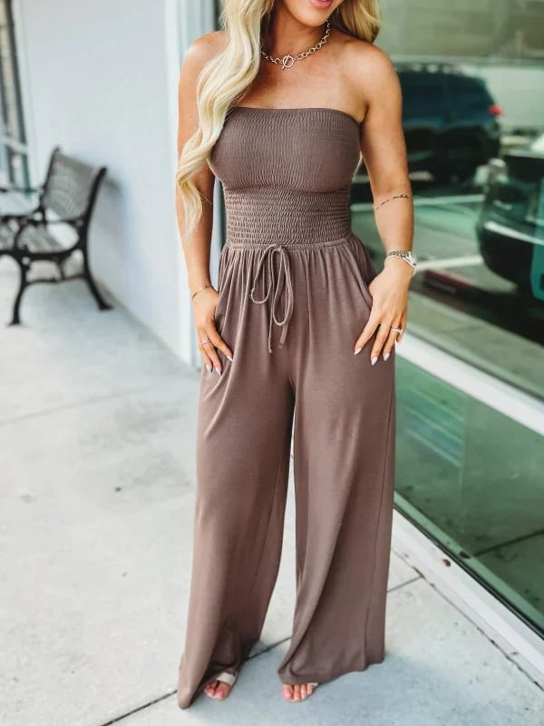 Smellmail™-Off Shoulder Solid Color Smocked Jumpsuit