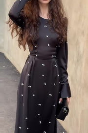 loveedsTM-Round Neck Fashion Print High Waist Long Sleeve Dress