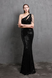 Smellmail™-Solid color one shoulder sequined long evening dress