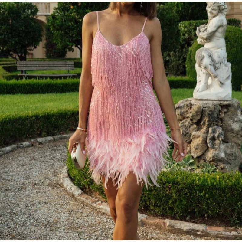 Smellmail™-Women's Feather Fringe Sequin Spaghetti Strap Dress