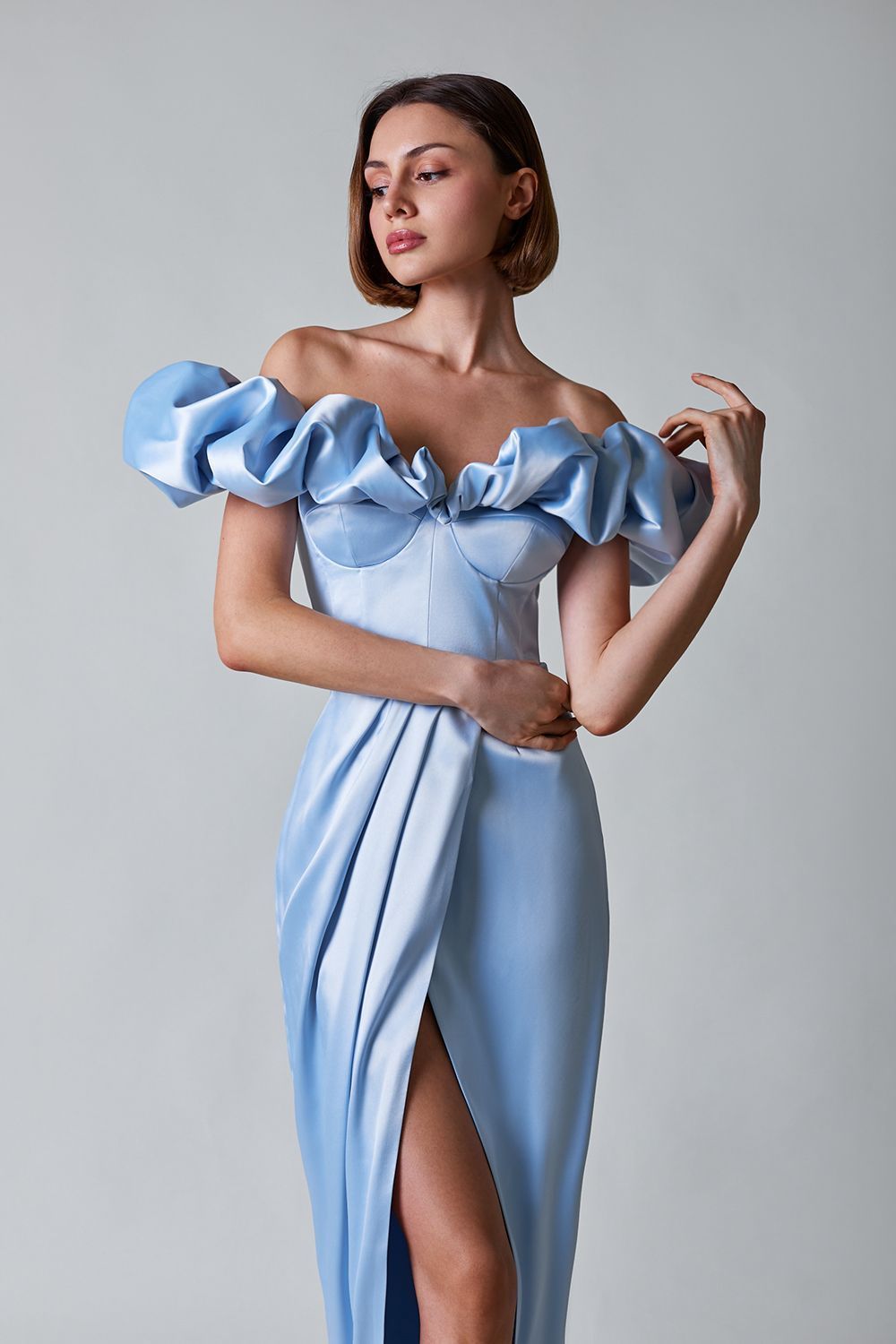 loveedsTM-One-shoulder strapless ruffled dress with high slit