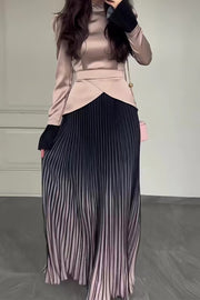 loveedsTM-Solid color fashionable stitching design round neck pleated long skirt