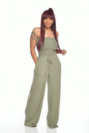 Smellmail™-Off Shoulder Solid Color Smocked Jumpsuit