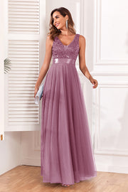 loveedsTM-Spliced Elastic Waist Sleeveless V Neck Evening Dress Tulle Embroidery Long Party Dress