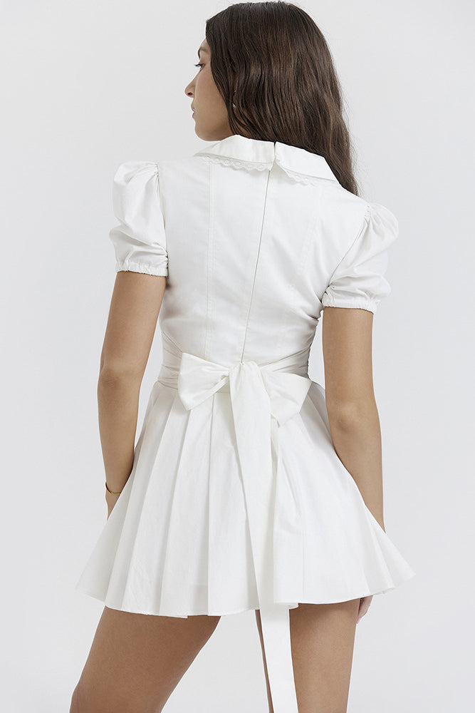 EysintTMDeep V puff sleeve white bow short dress