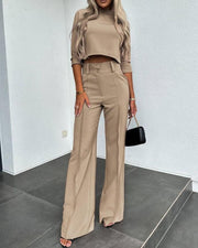 Smellmail™-Solid Color Jacket & High Waist Straight Pants Set