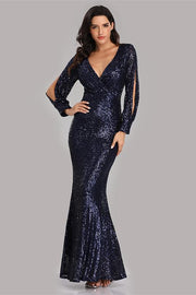 loveedsTM-Long Sleeve V Neck Sequined Fishtail Evening Dress