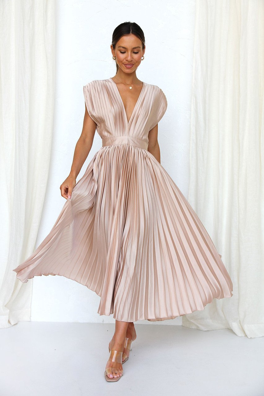 Smellmail™-Timeless Elegance: Draped V-Neck Pleated Skirt Dress