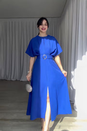 loveedsTM-Solid color fashion round neck short sleeve belt slim long skirt