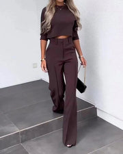 Smellmail™-Solid Color Jacket & High Waist Straight Pants Set