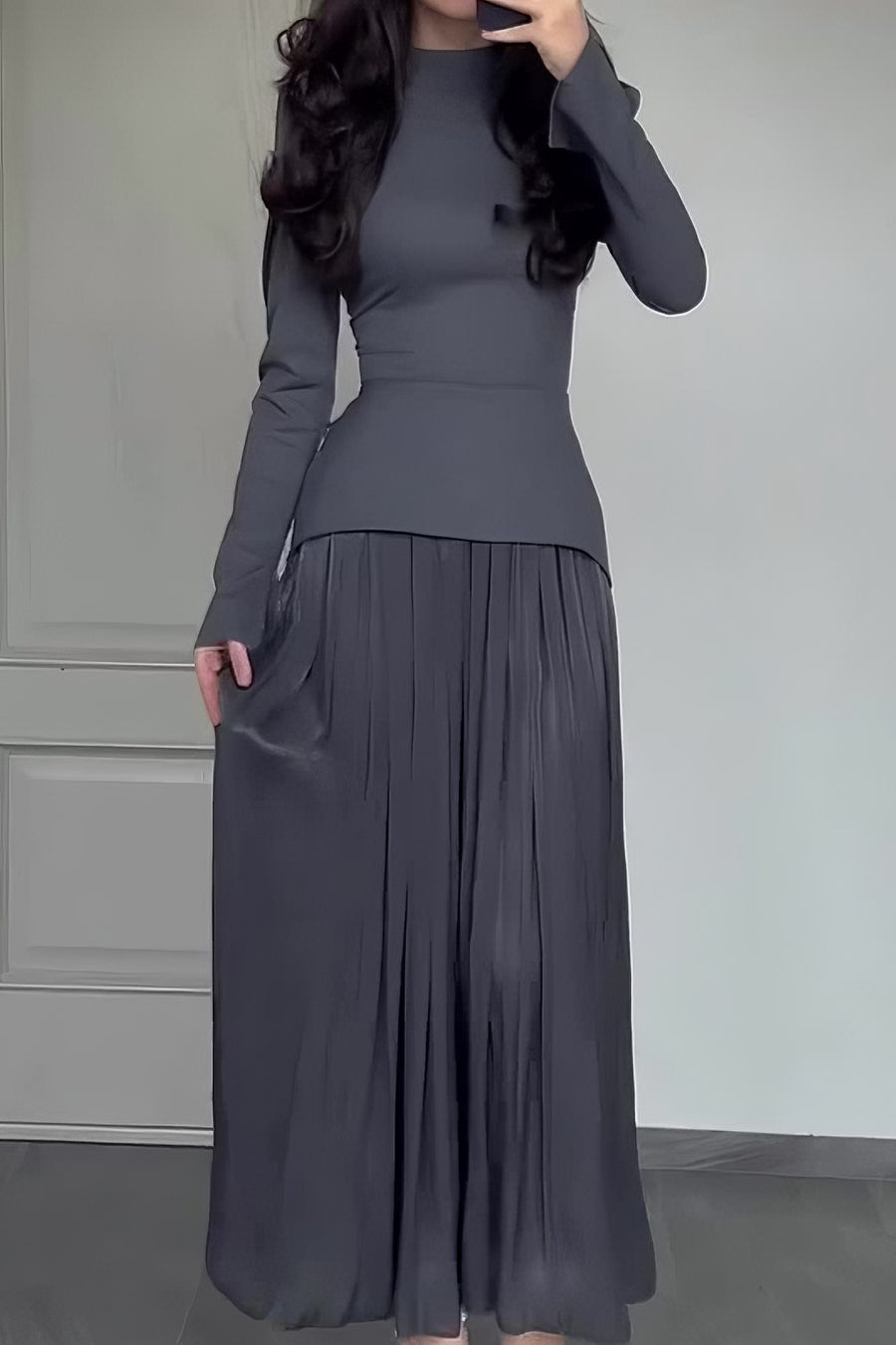 loveedsTM-Solid color fashionable stitching design round neck pleated long skirt