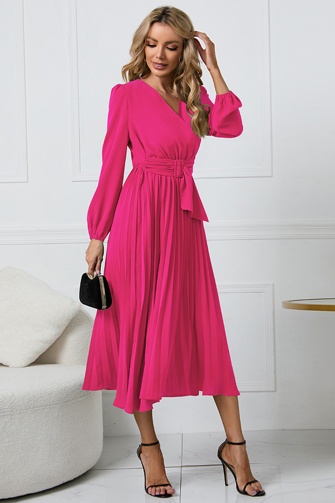 Smellmail™-Slim fit pleated belted V-neck dress