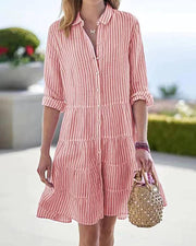 Smellmail™-Long Sleeve Lapel Stripe Layered Panel Hem Shirt Dress