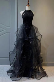 loveedsTM-Black sequined evening gown with train