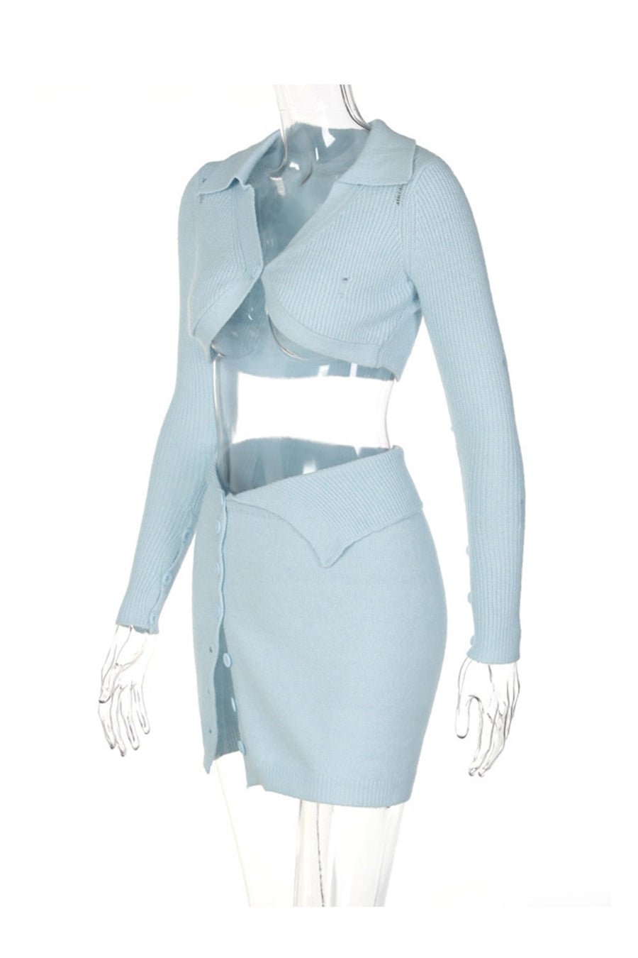 Smellmail™-Sky Blue Button-Front Knitted Two Piece Skirts