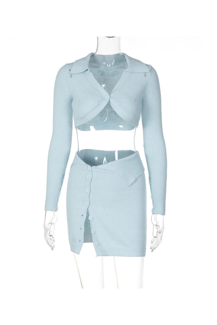 Smellmail™-Sky Blue Button-Front Knitted Two Piece Skirts